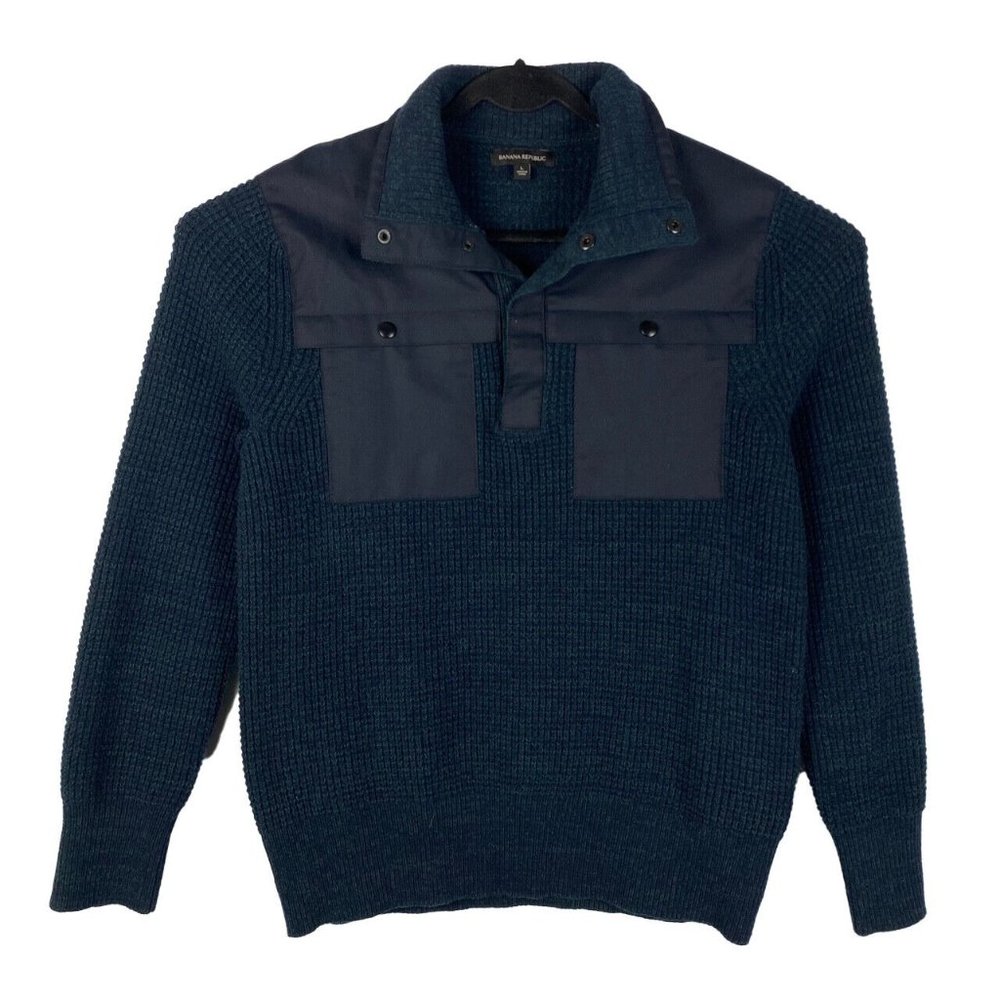 Banana Republic Mens Large Merino Wool Blend Sweater Waffle Knit Navy Pullover